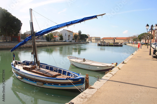 Traditional boats in Frontignan, a seaside resort in the Mediterranean sea, Herault, Occitanie, France