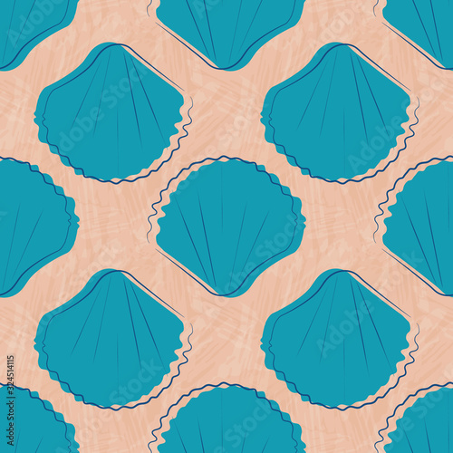 Sea shells on sand seamless vector pattern. Hand drawn line art. Minimal mollusc repeat beach textured backdrop. Aquatic illustration all over print for hot summer seaside concept.
