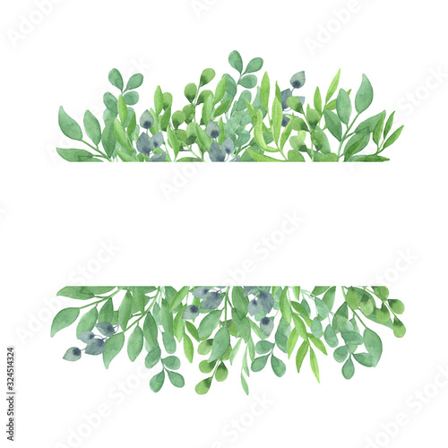 illustration watercolor rectangular frame of green leaves with place for text on a white background. spring summer mood. For cards, design, flyers, banners.