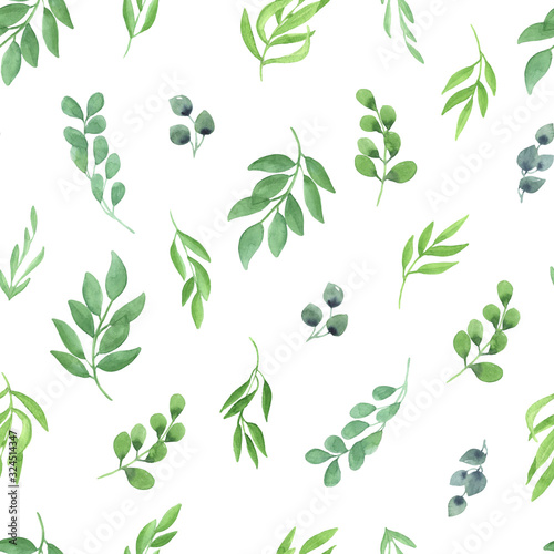 illustration watercolor seamless pattern of green branches with leaves on a white background. spring summer mood. for cards, design, fabric, paper.