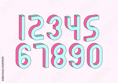 Set of numbers with 3d isometric effect on abstract pink background
