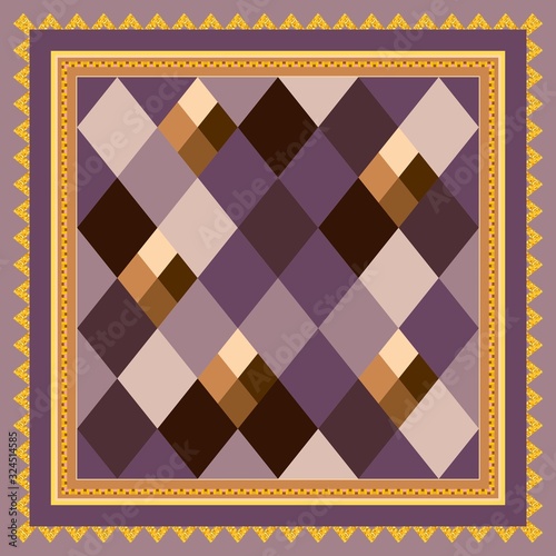 Elegant square pattern with geometric ornament. Print for bandana, handkerchief, napkin.
