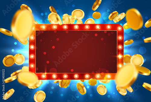 Casino lamp frame with gold realistic 3d coins background.