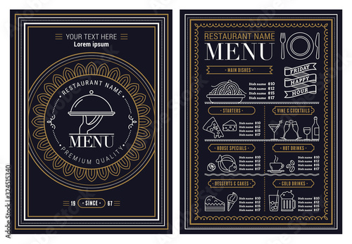 Restaurant menu design vector brochure template with vintage logo