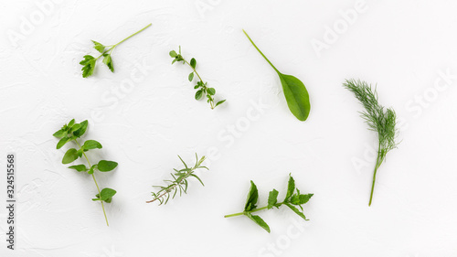 Variety fresh edible herbs on white background. Top view, flatlay, close-up.