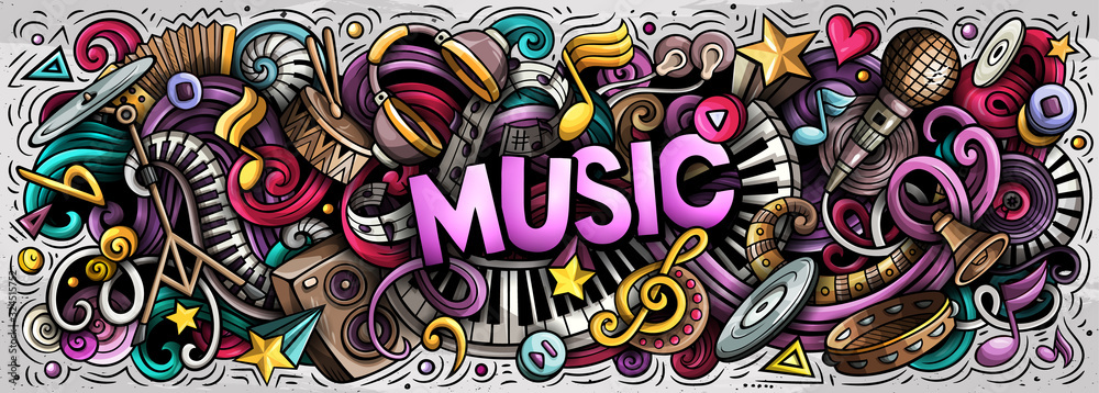 Fototapeta Music hand drawn cartoon doodles illustration. Colorful vector banner