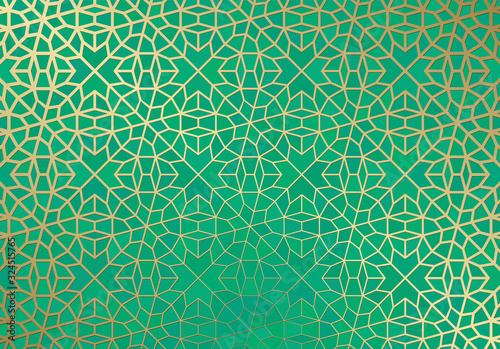Abstract background with islamic ornament, arabic geometric texture. Golden lined tiled motif.