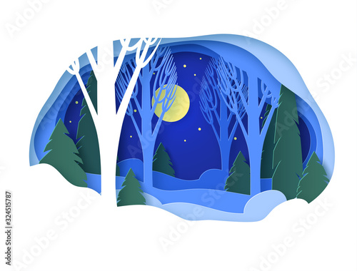 Winter paper landscape. Snowy forest with trees without leaves and fir trees. Snowdrifts, snow, moonlit night, stars in the sky. Glade. Vector illustration