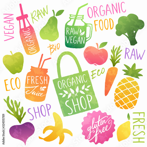 Raw fruits and vegetable smoothies and fresh juices. Healthy vegan food design set. 