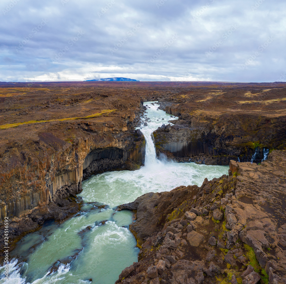 Aerial view of the Aldeyjarfoss waterfalls in northern Iceland