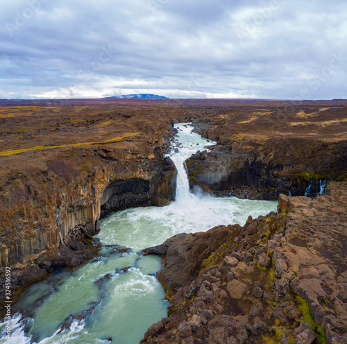 Aerial view of the Aldeyjarfoss waterfalls in northern Iceland