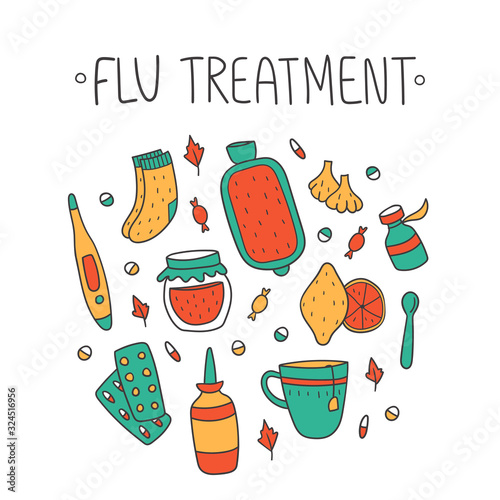 Flu treatment set with garlic, cup, lemon, thermometer, socks, nasal spray, pills and other things. Vector illustration for flu design concept. Cute illustration in doodle childish style