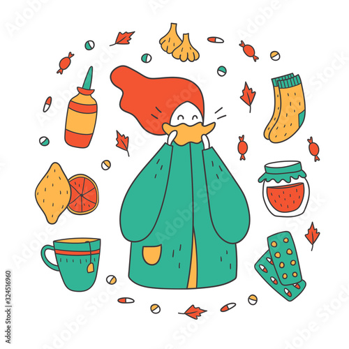 Vector illustration with girl, handkerchief and flu treatment items. Flu concept with garlic, cup, lemon, thermometer, socks, nasal spray, pills and other things. Cute design in doodle style