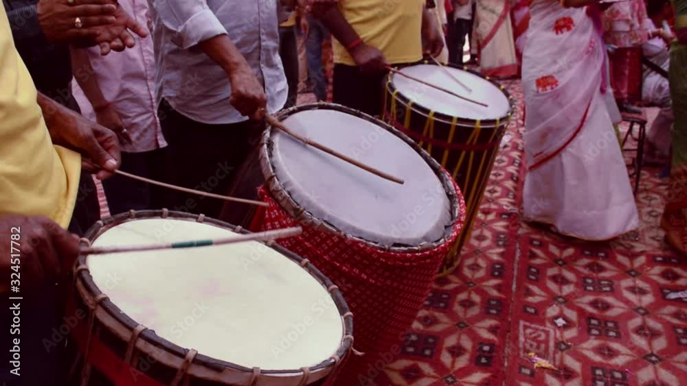 Dhak playing during Durga Puja in Bengal. Dhak is a kind of traditional Drum in bengal 