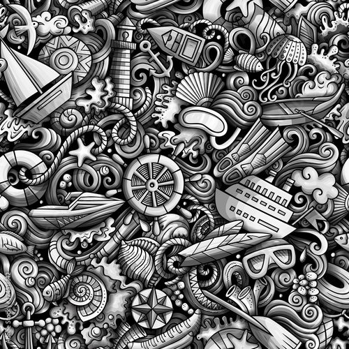 Cartoon cute doodles hand drawn Marine seamless pattern.