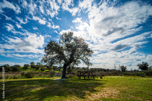 Mesa de madera para picnic en el campo en un cielo con nubes