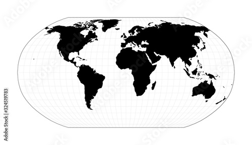 World map with graticule lines. Robinson projection. Plan world geographical map with graticule lines. Vector illustration.