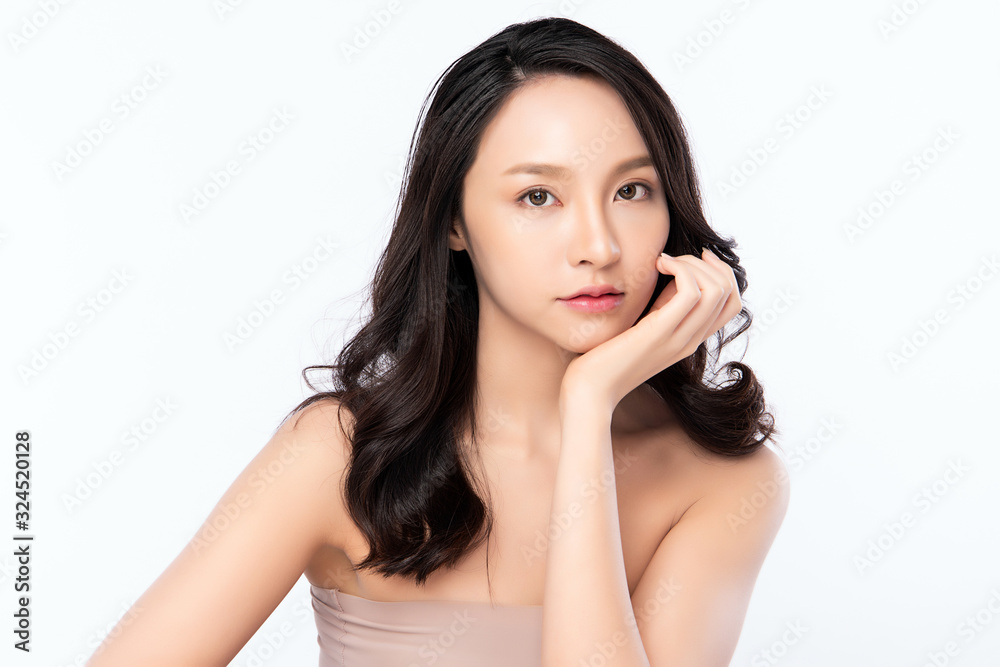 Portrait beautiful young asian woman clean fresh bare skin concept. Asian girl beauty face skincare and health wellness, Facial treatment, Perfect skin, Natural makeup, on white background,two Portrait beautiful young asian woman clean fresh bare skin concept. Asian girl beauty face skincare and health wellness, Facial treatment, Perfect skin, Natural makeup, on white background,two