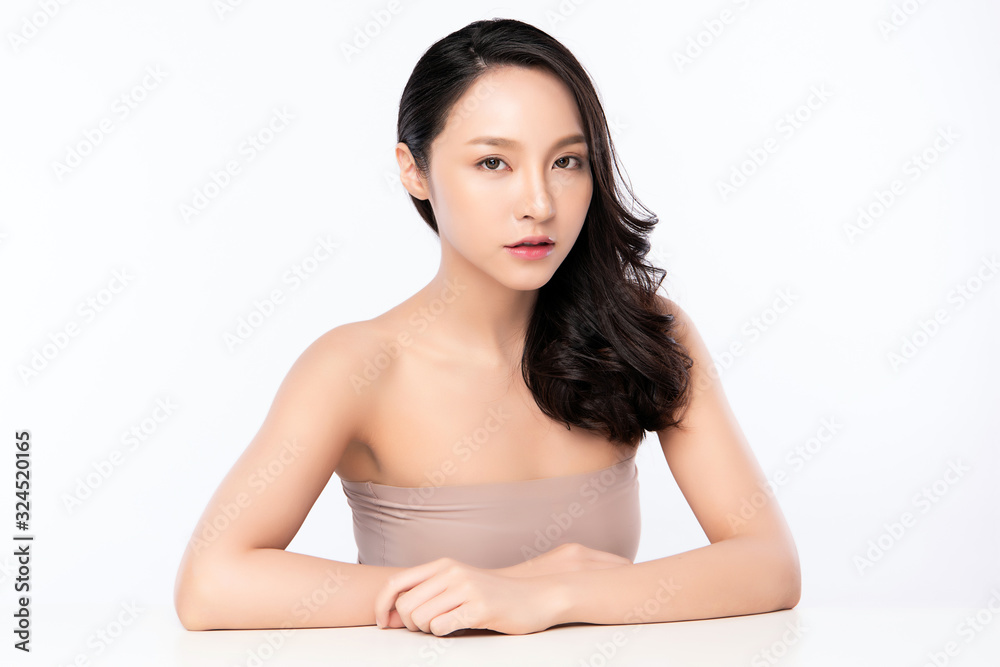 Portrait beautiful young asian woman clean fresh bare skin concept. Asian girl beauty face skincare and health wellness, Facial treatment, Perfect skin, Natural makeup, on white background,two Portrait beautiful young asian woman clean fresh bare skin concept. Asian girl beauty face skincare and health wellness, Facial treatment, Perfect skin, Natural makeup, on white background,two