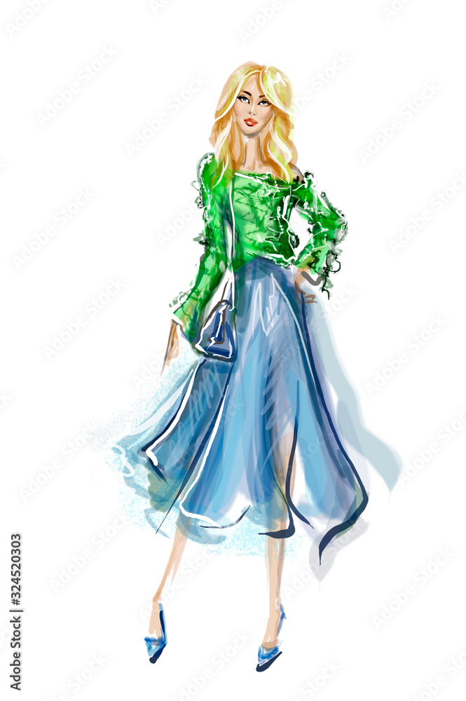 Beautiful Blond Girl wearing Fashionable Elegant Clothing. Fashion  Sketching Isolated on White. Stylish Lady. Spring Outfit. Sketch for Card  Design, Beauty Blog Stock Illustration