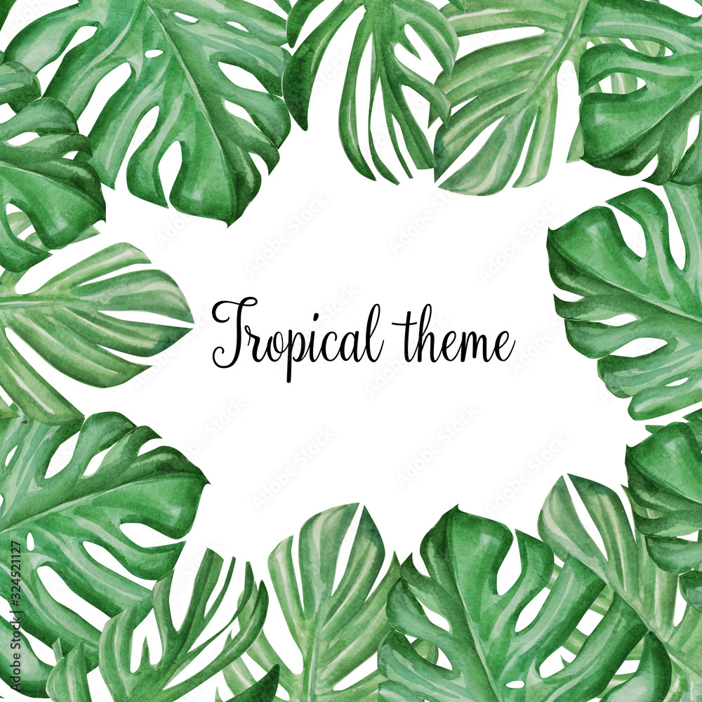 frame of leaves. tropical leaves. watercolor hand drawing. monstera leaves. decor. form style
