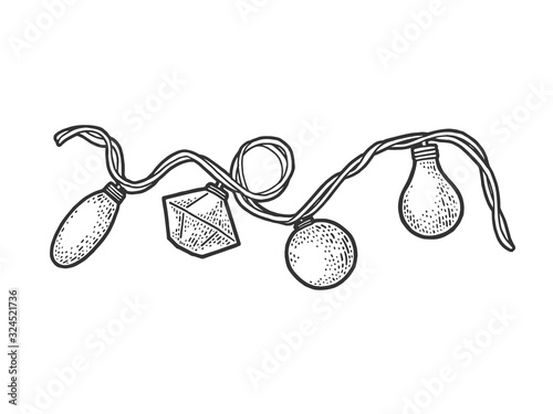 Christmas garland of light bulbs sketch engraving vector illustration. T-shirt apparel print design. Scratch board imitation. Black and white hand drawn image.