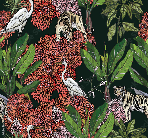 Colorful Seamless Pattern Tigers and White Cranes in Palms and Pink Blooming Bushes, Midnight Jungle Dramatic Tropics