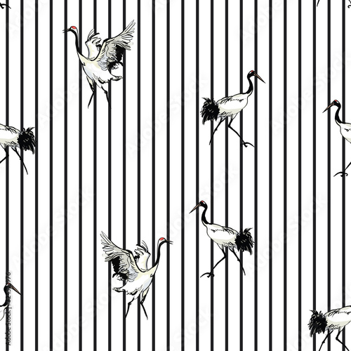 Little Isolated Black Tale Chinese Crane Birds on Narrow Vertical Stripes Background, Black and White Geometric Seamless Pattern