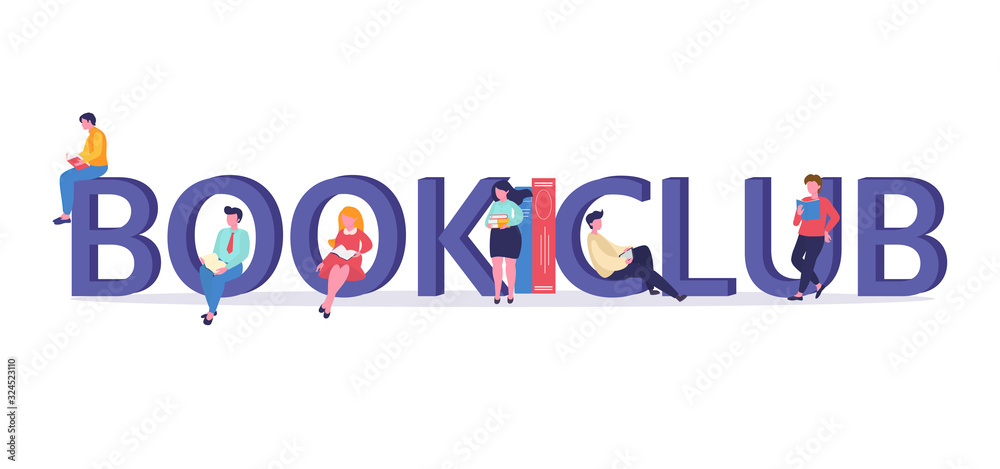 Vector logo concept of a book club with people reading. Illustration can use for landing page, web, mobile app, banner, poster, flyer, background