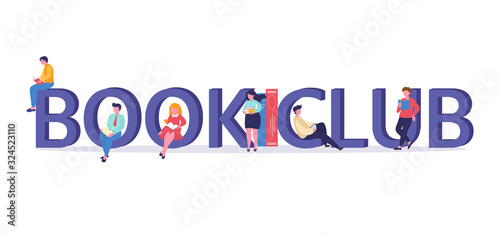 Vector logo concept of a book club with people reading. Illustration can use for landing page, web, mobile app, banner, poster, flyer, background
