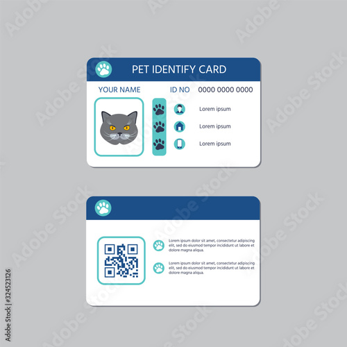 Cat  id card design.Vector illustration template. Scanning qr code on a card