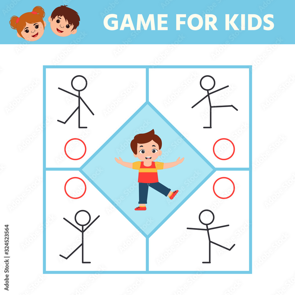 Obraz premium Education game for kids development of logic iq. Find the correct pose boy. Kids activity sheet. Children funny riddle entertainment
