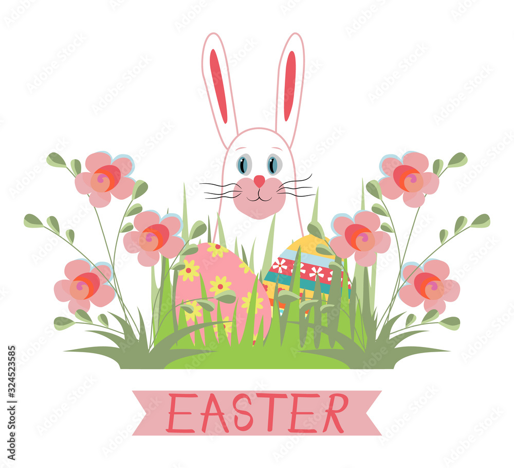 Happy easter poster. Easter bunny hid in flower bed. Multi colored eggs with pattern lie in grass. White cute hare to create postcard, invitation, flyer. Handwritten Easter text. Vector illustration Happy easter poster. Easter bunny hid in flower bed. Multi colored eggs with pattern lie in grass. White cute hare to create postcard, invitation, flyer. Handwritten Easter text. Vector illustration