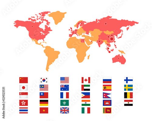 Vector map with infographics coronavirus COVID - 2019. Concept of coronavirus quarantine. Countries with coronavirus cases. Illustration can use for landing page, web, mobile, app, banner, poster, fly