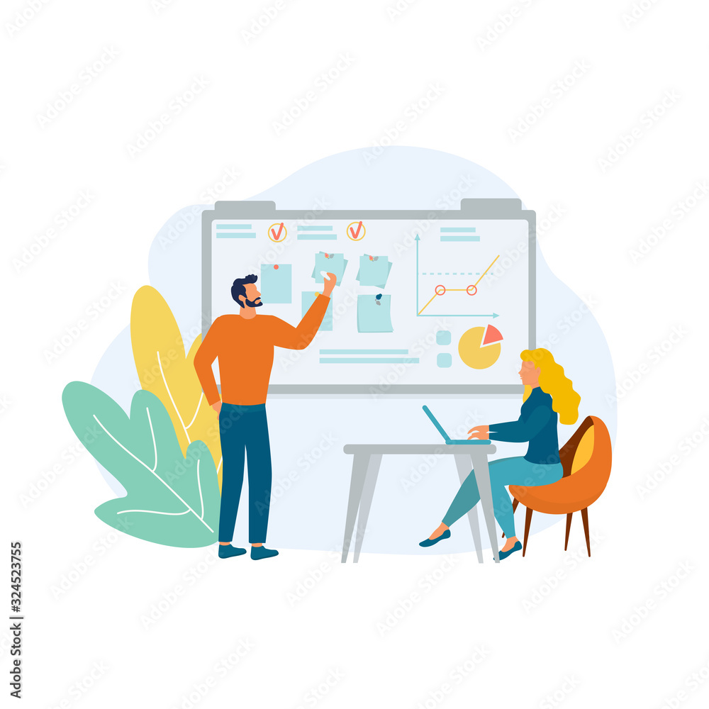 Vector illustration of a working process in an office. Team work concept. Man standing near flip chart. Illustration can be used for web banner, infographics, presentations Vector illustration of a working process in an office. Team work concept. Man standing near flip chart. Illustration can be used for web banner, infographics, presentations