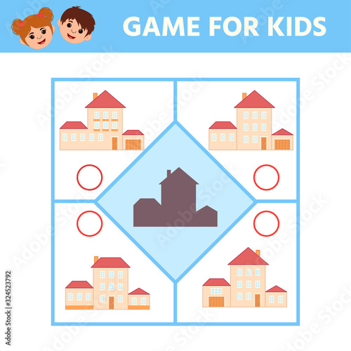 Logic  Game for kids. Find the right shadow at home. Game Printable Worksheet. Vector illustration