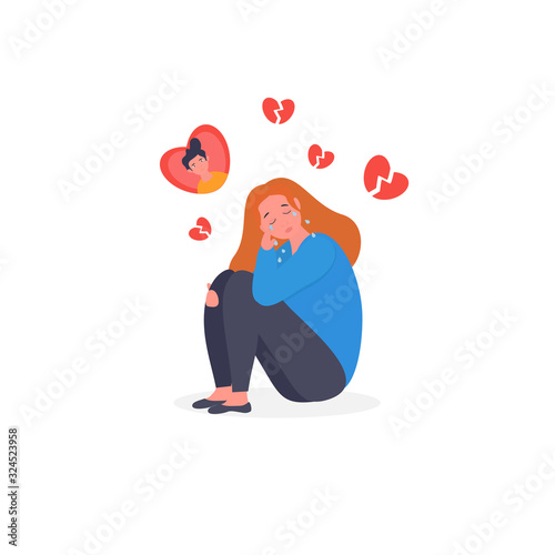 Sad, Frustrated, Depressed woman flat character.  Teenager Puberty Problem. Broken heart, unhappy love. The concept of frustration, depression, psychotherapy.