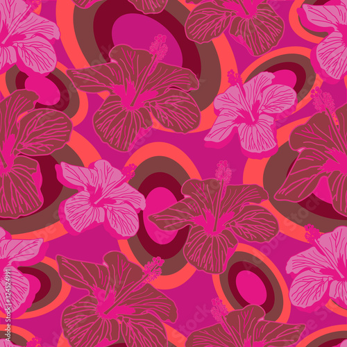 Hibiscus Fluorescent-Flowers in Bloom Seamless Repeat Pattern. Hibiscus and Fluorescent flowers vibrant pattern background design in pink,maroon and orange. Surface pattern design. Perfect for fabric,