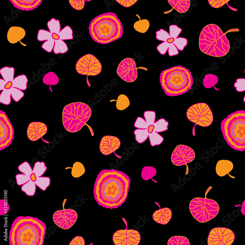 Colourful Lights-Flowers in Bloom Seamless Repeat Pattern. Abstract flowers leaves and lights vivid pattern background design in purple, pink, orange,yellow and black . Surface pattern design. Perfect