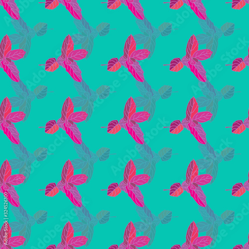 Modern Mint -Wild Leaves Seamless Repeat Pattern. Colourful mint leaves pattern background in pink,purple and mint green. Surface pattern design. Perfect for Fabric, Scrapbook,wallpaper