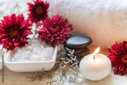 Spa beauty massage health wellness background. Spa Thai therapy treatment aromatherapy for body woman with flower nature candle for relax and summer time  top view. Lifestyle and cosmetic Concept