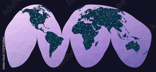 Global internet business concept. Goode's interrupted homolosine projection. World network map. Wired globe in Interrupted Homolosine projection on geometric low poly background. photo