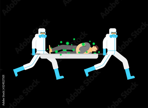 Sick coronavirus epidemic. Doctor in protective suits against virus.. Man and virus molecules. Flying bacteria around patient. 2019-nCoV Virus epidemic. Biological Protection Suit 