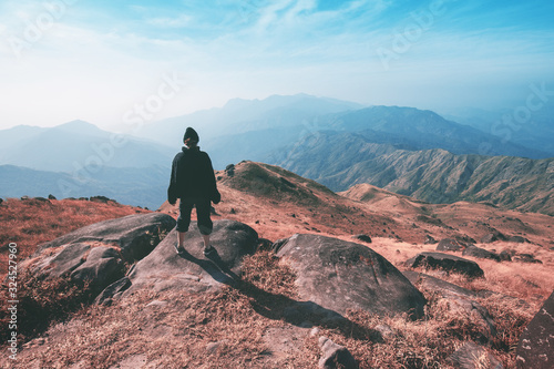 A woman standing on the slopes Beautiful mountain views