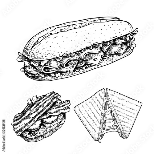 Hand drawn sketch sandwiches set.  Submarine, ciabatta, triangle  sandwiches with lettuce leaves, cheese, bacon, ham and veggies. Fast food restaurant menu. Vector illustration.
