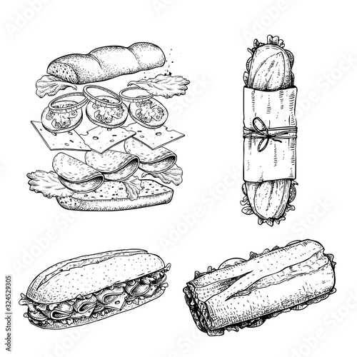 Hand drawn sketch sandwiches set. Submarine type sandwiches. Top and perspective view. Sandwich constructor. Flying ingredients. Fast food restaurant menu. Vector illustration. photo
