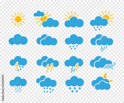 Big set weather icon on the transparent background. Climatic vector signs.