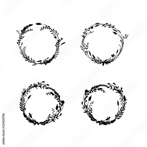 Sketch wreath set made of ink drawn wild plants, flowers and herbs. Round border great to place text, quote or logo. Botanocal drawing. Vector
