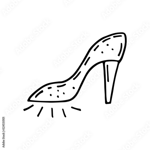 High heeled shoes, footwear doodle hand drawn vector illustration, sticker, icon, design element. Black monochrome design. Isolated on white background. Easy to change color. Feminism symbol.