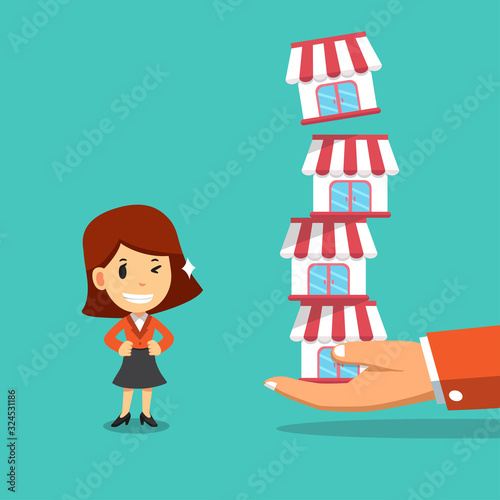 Vector cartoon hand with franchise business concept and businesswoman for design.